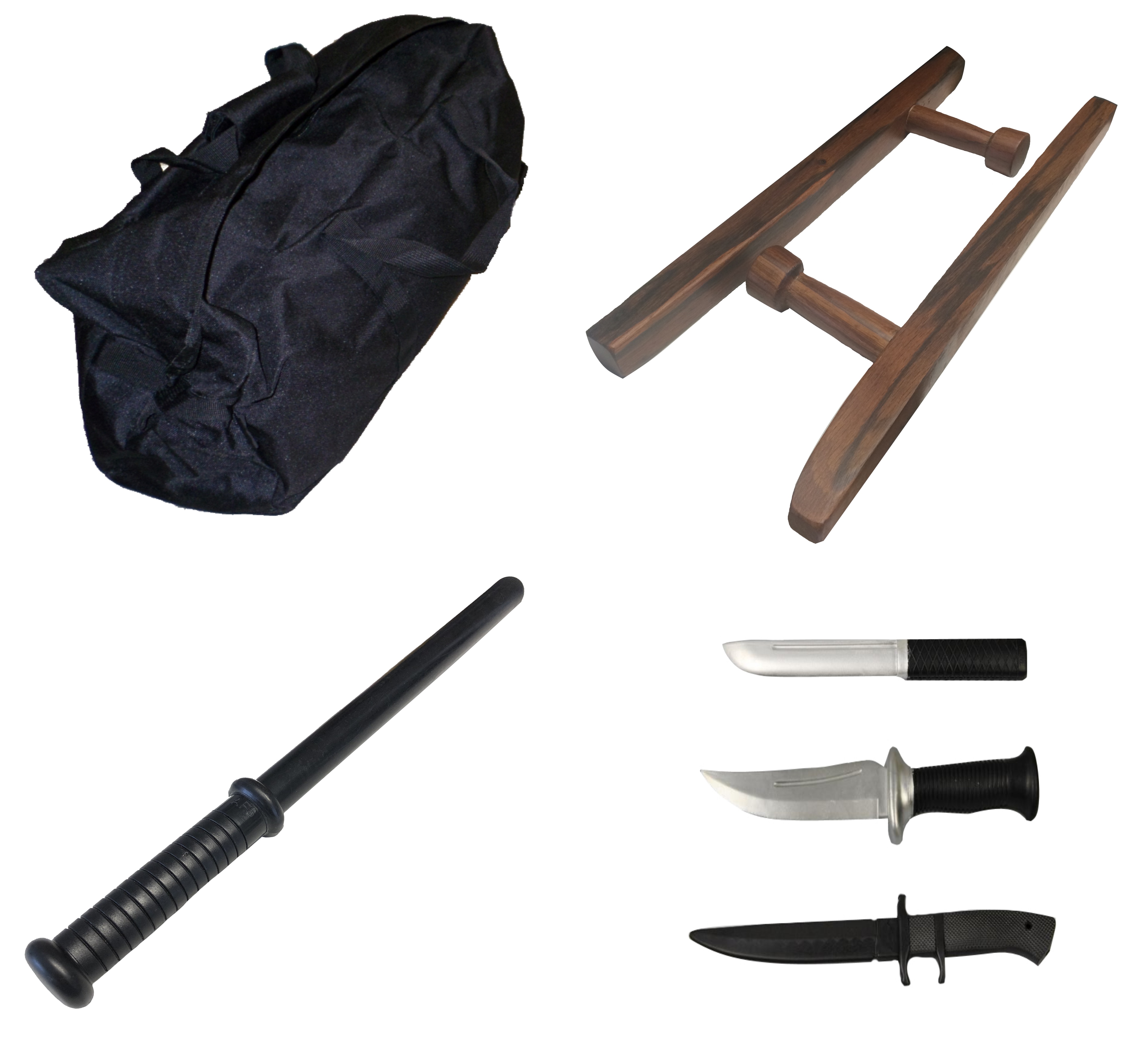 Trainingswaffen-Set inkl. 3 Gummimesser, Tonfa, Stock mit Tasche