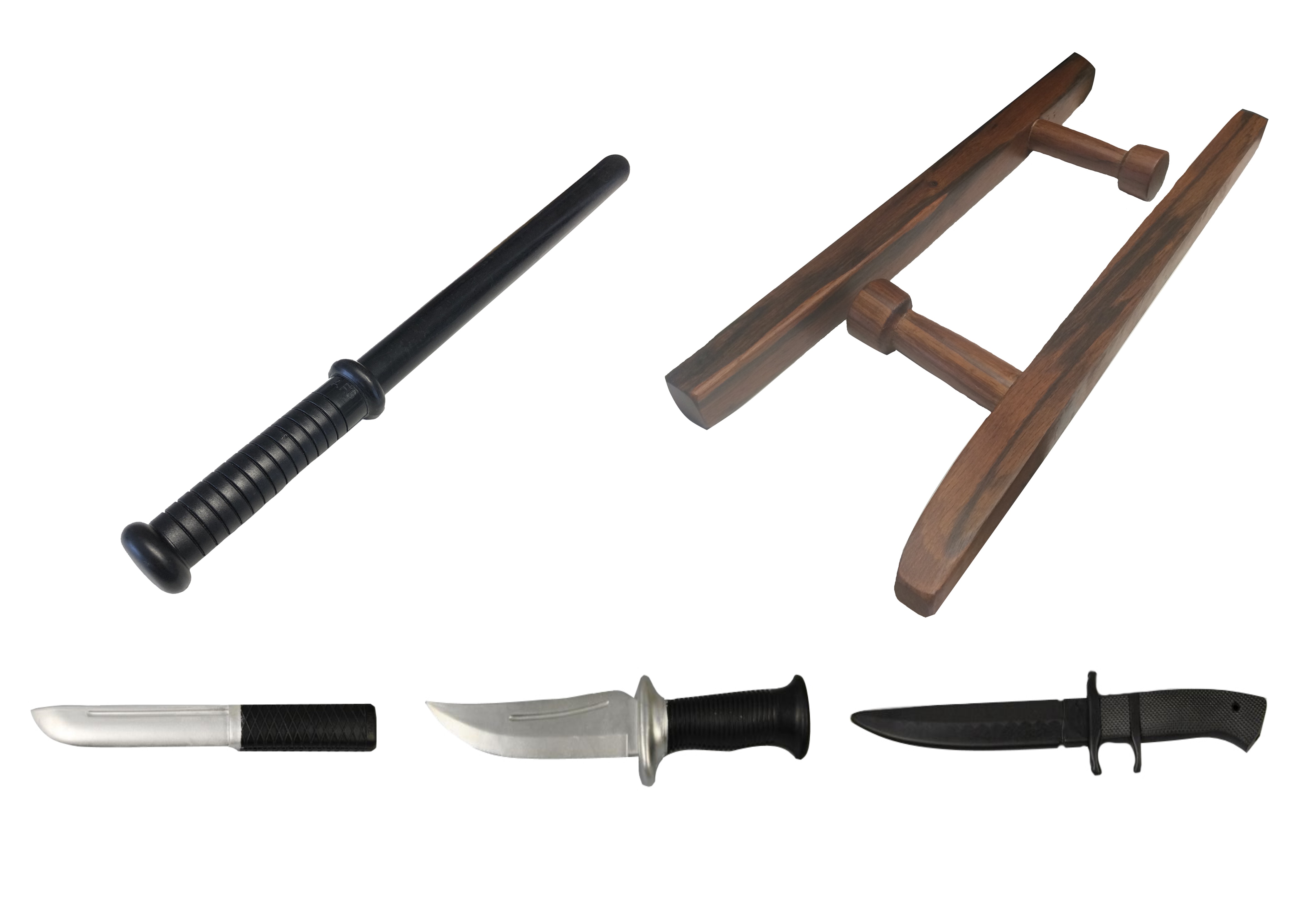 Trainingswaffen-Set inkl. 3 Gummimesser, Tonfa, Stock mit Tasche